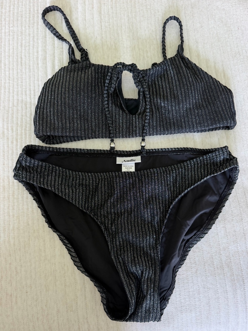 Andie Waikiki Ribbed Metallic-Thread Striped Black Bikini Set